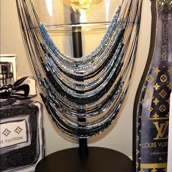 Vintage 90s Multi strands black silver steel grey beaded bib statement necklace. - Picture 1 of 8